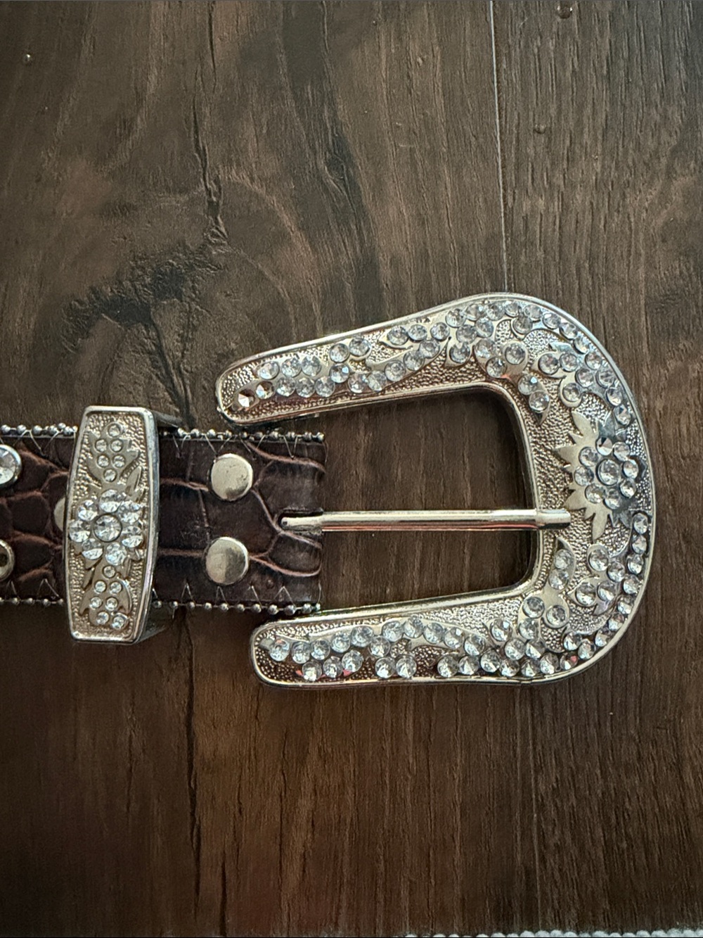 Crystal-Embellished Western Buckle Belt - Brown